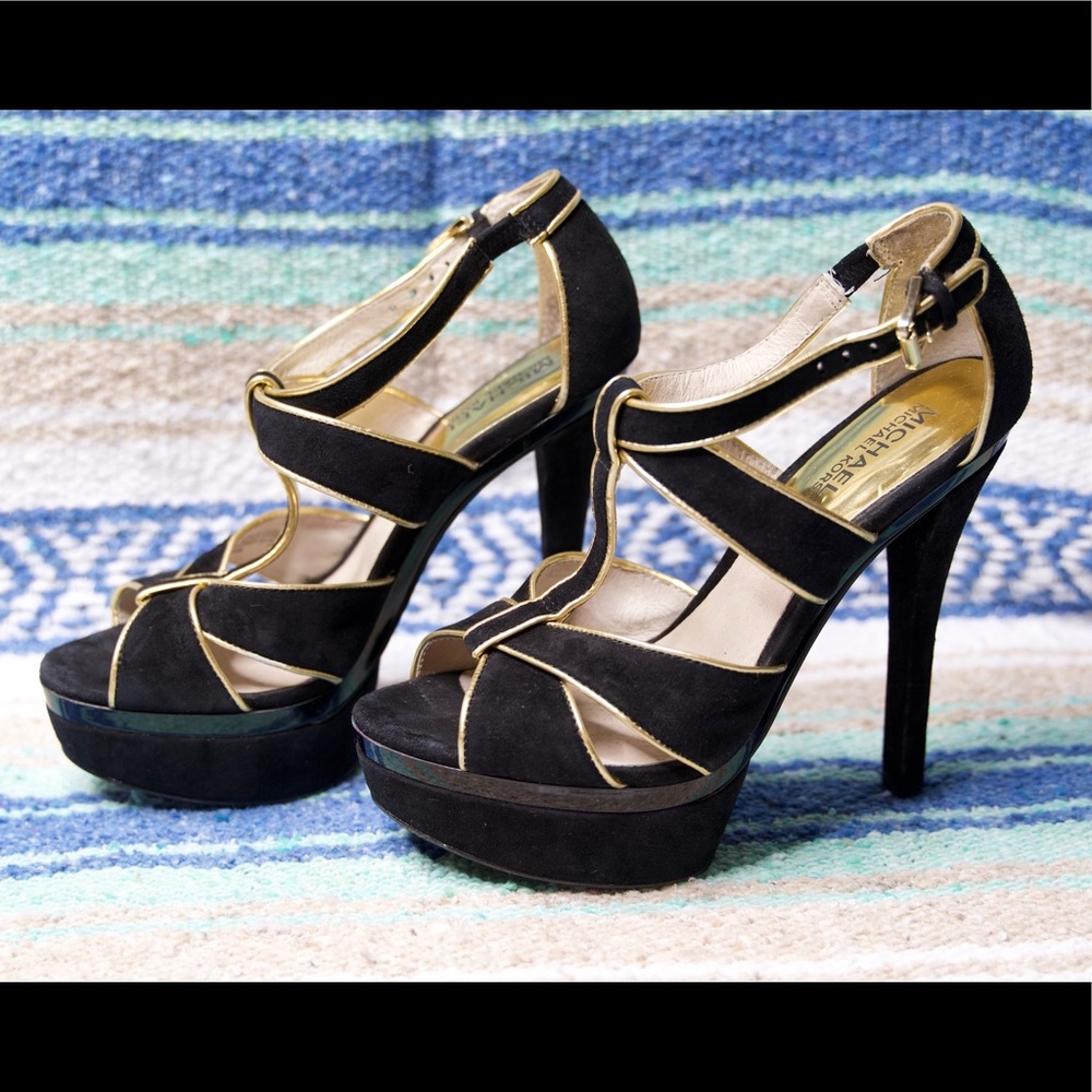 [MICHAEL KORS] Black & Gold T-Strap Suede Heels